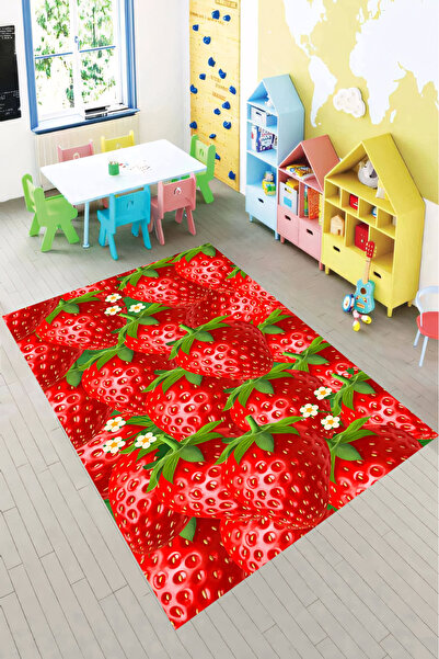 Reyhani Çilek Desenli-2 Kaymaz Taban Makinede Yıkanabilir Çocuk Gamıng Halısı...