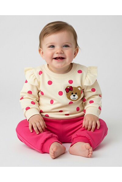 voyyo kids baby طقم علوي وسفلي للفتيات الصغيرات مطرز عليه دمية دب منقطة مقاس ...