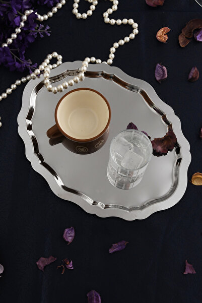 AKSESUAR EVRENİ Ovaldi Silver Stainless Steel Oval Coffee Presentation Tray S...