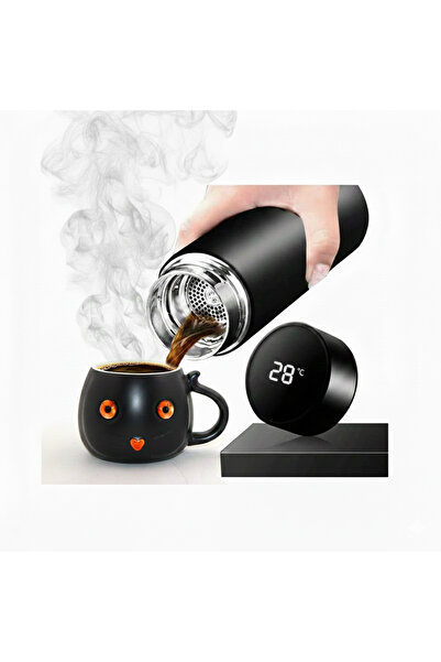 Livenda Cute Black Cat Figured Porcelain Mug and Steel Thermos with Digital D...