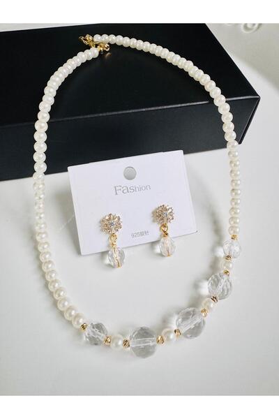 DEVİ fashion Pearl and Crystal Necklace Earrings Evening Dress Valentine's Mo...