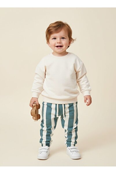BEBENDY Embroidery Detailed Sweatshirt Stripe Printed Pants Oversized Baby Bo...