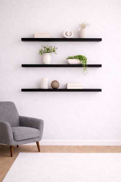 yankı-byeg 90 Cm 3lü Mat Siyah Mdf Uçan Duvar Rafı Gizli Bağlantı Kitaplık