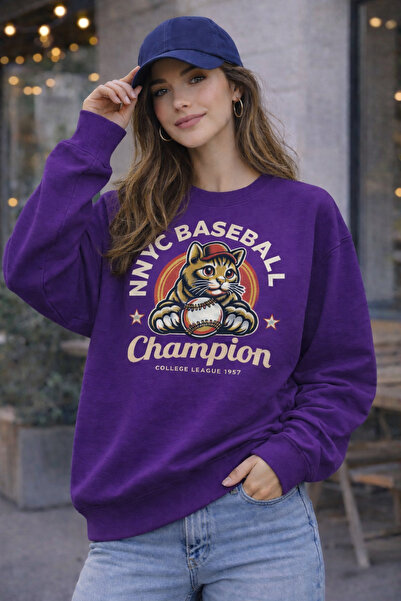 ArtYus Baseball Cat Printed Relaxed Fit Fleece-Lined 3 Thread Crewneck Sweats...