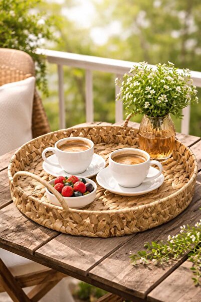 Dekorasyaa Wicker Round Serving and Presentation Tray with Handles - 38X7Cm -...