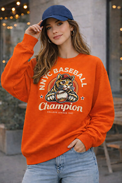 ArtYus Baseball Cat Printed Relaxed Fit Fleece-Lined 3 Thread Crewneck Sweats...