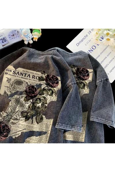 Le Savu Washable Streetwear Rose Printed Unisex Oversize Vintage T-shirt