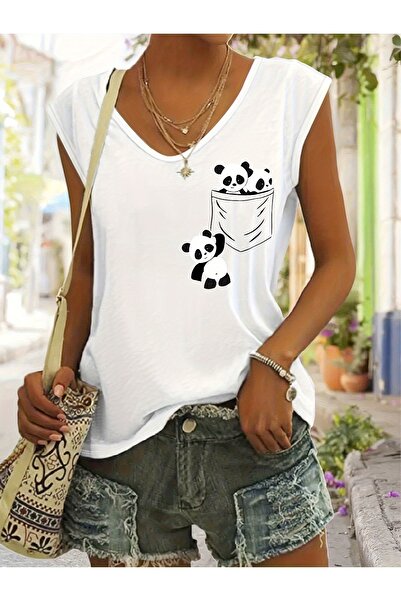 mercoledi Women's Sleeveless V-Neck Printed Relaxed Fit Loose T-Shirt