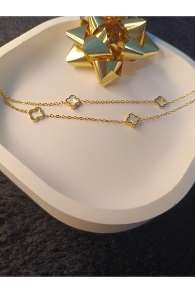 POFUDUK Van Cleef Model- Gold Sedefli Yonca Figürlü Çelik Zincir Bileklik - V...