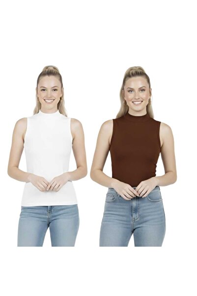 MODARENGİN 2-Pack Women's Half Turtleneck Sleeveless Fit Blouse-Casual Stylis...