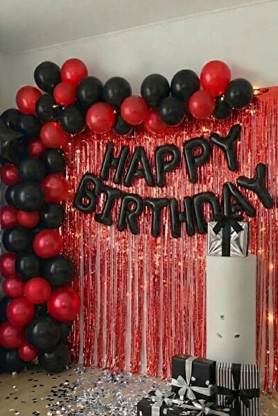 Baloncu Nene Black Happy Birthday Lettering Red Tassel Curtain Metallic Ballo...