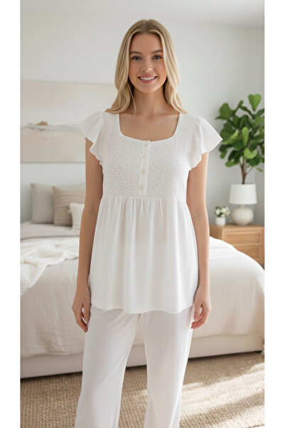 Nena Ekru Fistolu Kare Yaka %100 Pamuk Kadın Yazlık Pijama Takımı (Çeyizlik-H...