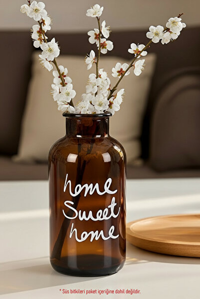 KHAKMA Amber Cam Dekoratif Vazo – “Home Sweet Home” Yazılı, 20 cm Süs Bitkisi...