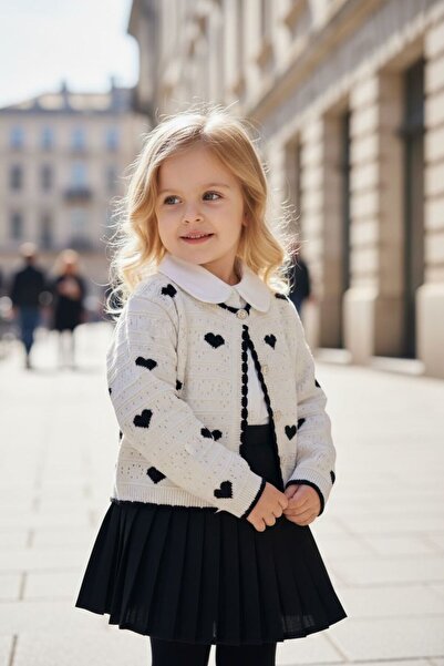 LEAKİDS Folded Skirt with Heart Cardigan and Shirt Girl's Suit