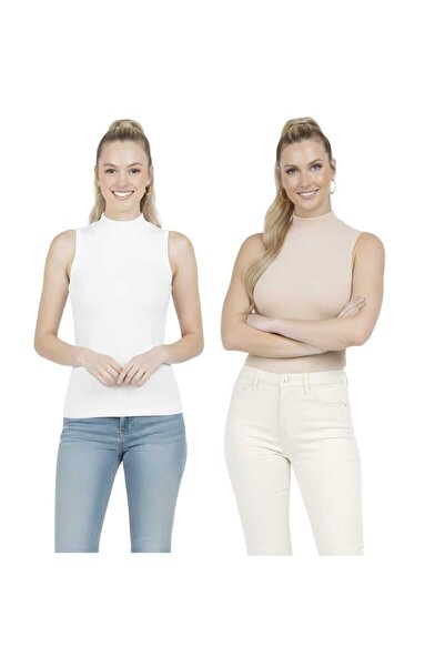 MODARENGİN 2-Piece Women's Half Turtleneck Sleeveless Fit Blouse-Casual Styli...