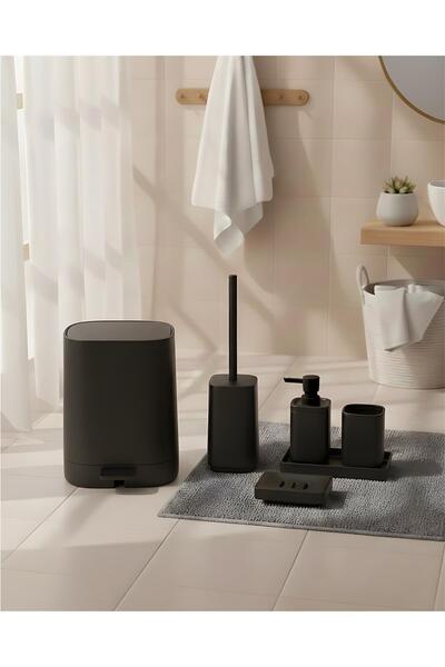 MİEN Kare Siyah 5 Parça Akrilik Banyo Seti | Modern ve Şık Tasarım