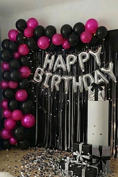 Baloncu Nene Silver Happy Birthday Lettering Black Curtain Fuchsia Metallic B...