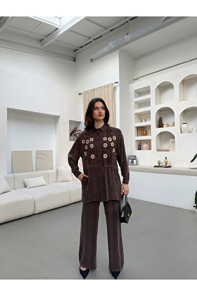 MİA NOURA Women's Shirt with Bead Embroidery on the Front, Pants with Bead Em...