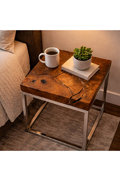 Alqaryah Alkhasbiah Trading Company Wooden Service Table with Metal Base