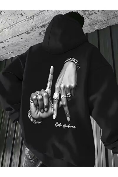 NEVERMIND Unisex Oversized Hoodie El Figürlü Printed Hooded Streetwear Sweats...