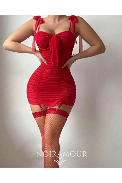 Noir Amour Balenli Transparan Gecelik, Çorap ve Tanga Seti – Kırmızı