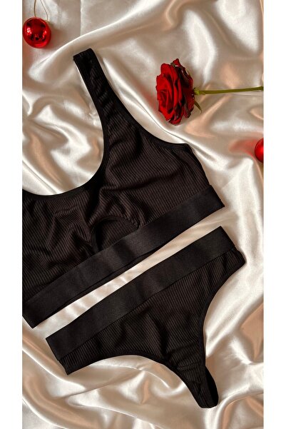 beshineunderwear Corded Fabric Black Bralet Bottom Top Set