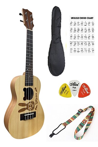 müzikhane Concert Mahogany Ukulele Case Strap Pick-Rabbit Patterned