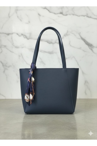 DEMİR ACCESORİES Women's Large Size Navy Blue Faux Leather Zipper Bag with Scarf