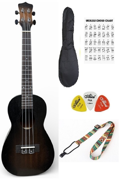 müzikhane Concert Mahogany Ukulele Case Strap Pick-Pick Black Mahogany
