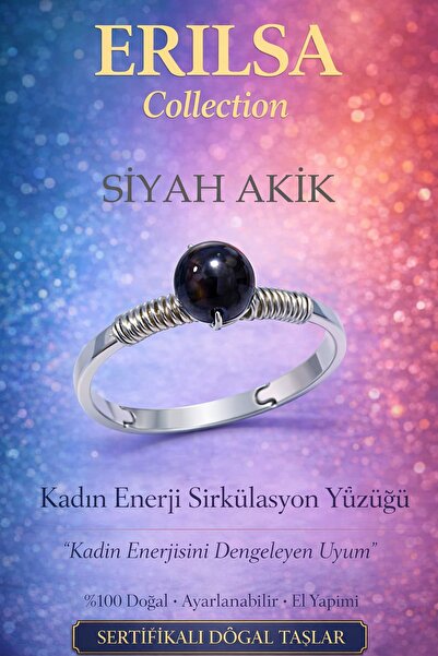 Erilsa خاتم دورة الطاقة للنساء معتمد - عقيق أسود رفيع قابل للتعديل برج العقرب...