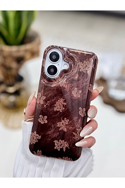 Go Aksesuar iPhone 16 Compatible Shine Brown Flower Silicone Case with Printe...