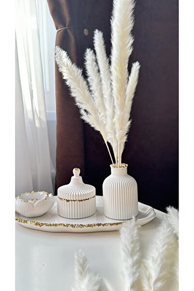 Özalp Decor Gold Detaylı Tabaklı Pampaslı Dekoratif Vazo Seti – Modern Japand...