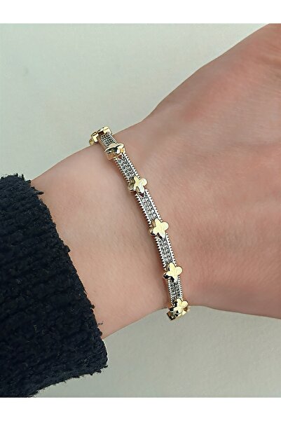 QA Quella Accessories ÖZEL SERİ YONCA SIRALI ZİRKON 14K GÜMÜŞ-GOLD BİLEKLİK 1...