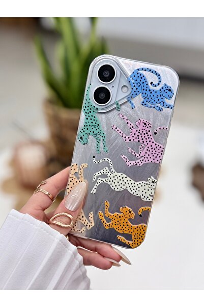 Go Aksesuar iPhone 16 Compatible Shine Colorful Leopard Silicone Case with Pr...