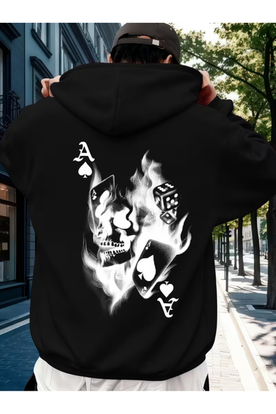 NEVERMIND Unisex Oversized Black Hoodie Skull Dice and Playing Cards B Printe...