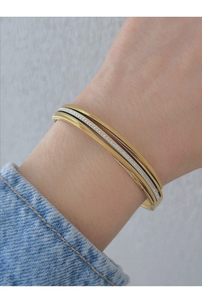 QA Quella Accessories ÇELİK ZİRKON ÇİZGİ GOLD KELEPÇE BİLEKLİK İç çap: 6 cm /...
