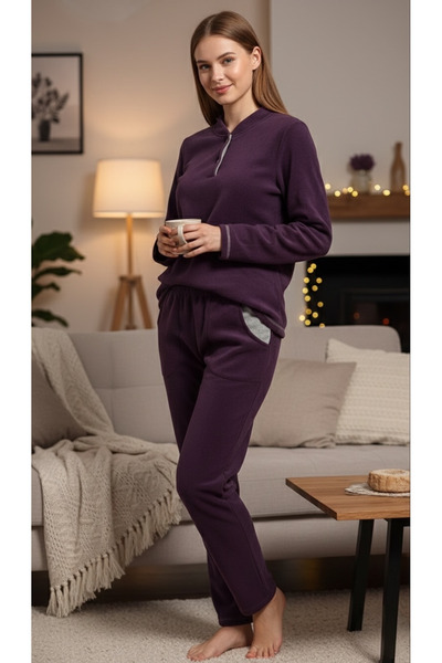 Nena Women's Dark Purple (Plum), Fleece Pajama Set with Pockets 100% Fleece W...