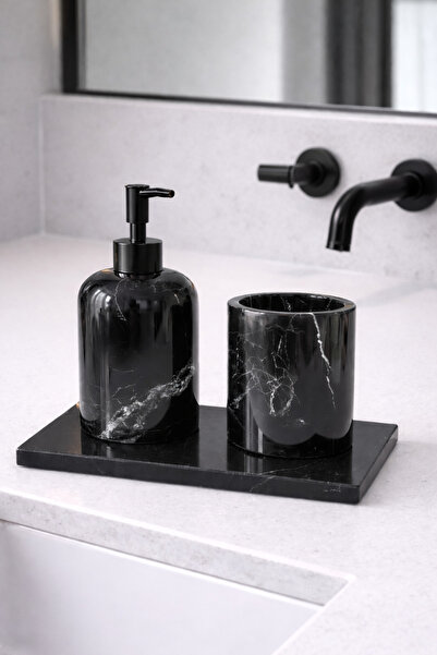 DMR HOME Siyah Mermer Banyo Seti | Sıvı Sabunluk ve Diş Fırçalık | Modern & L...