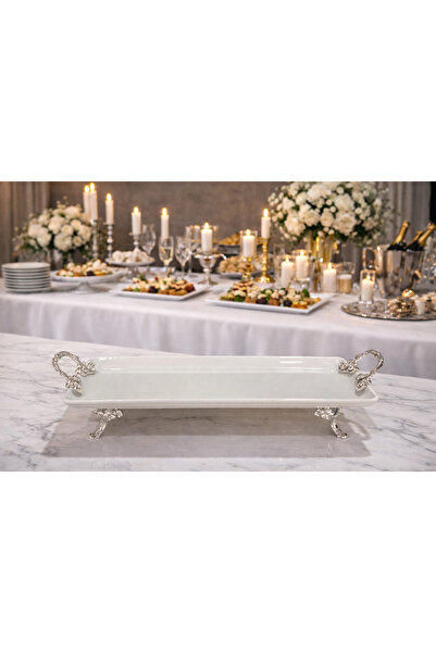 Sillage Home Porcelain Presentation Tray with Metal Cast Legs & Handles 35X15 cm