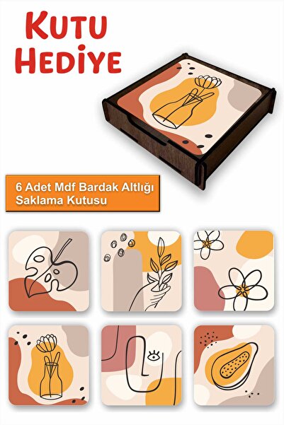 UNT Set of 6 Minimal Line Art Patterned Mdf Coasters – with Wooden Storage Bo...