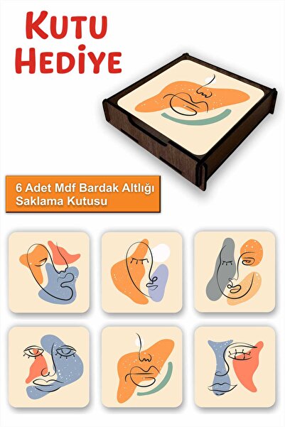 UNT Set of 6 Minimal Line Art Patterned Mdf Coasters – with Wooden Storage Bo...