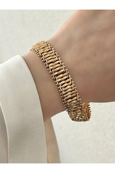 QA Quella Accessories XUPİNG İKONİK ÖRGÜ 14K SOFT ROSE-GOLD KALIN BİLEKLİK 21 CM