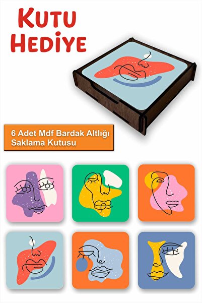 UNT Set of 6 Minimal Line Art Patterned Mdf Coasters – with Wooden Storage Bo...