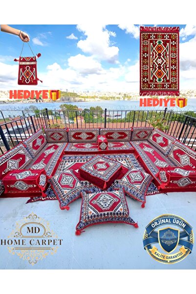 mdhomecarpet Şark Köşesi Minder Takımı Kilimli Orta Masalı | Yıkanabilir Ferm...