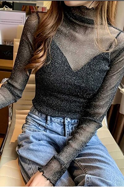 Mefa basic Kendinden Işıltılı astarsız transparan tül bluz