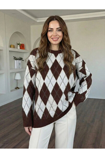 MetuCA Women's Brown Diamond Patterned Crew Neck Oversized Soft Textured Knit...