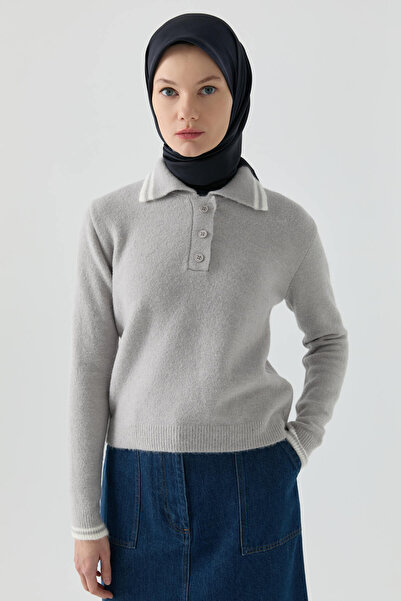 Tuğba Çizgili Triko Kazak - Gri