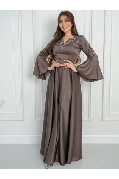 TREN Elegant Taupe Long Sleeve Evening Dress with Embroidered Neckline & Bell...