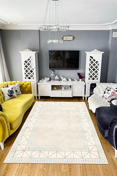 CENTER AVM Krem Halı Salon Halısı Makinede Yıkanabilir Halı Kaymaz Taban Halı