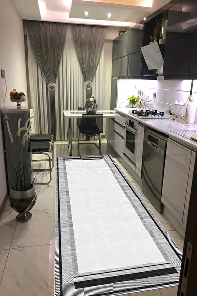 CENTER AVM Beyaz Gri Halı Mutfak Halısı Makinede Yıkanabilir Halı Kaymaz Taba...